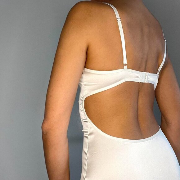 Cream satin silk lingerie backless slip dress floral lace trim bustier | Size S - Picture 7 of 8